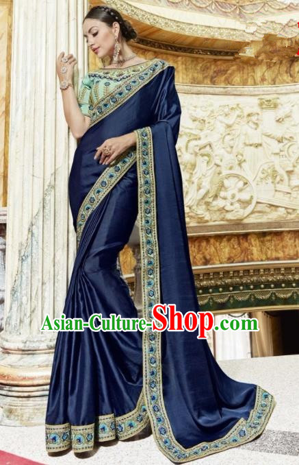 Indian Traditional Court Queen Navy Sari Dress Asian India Bollywood Embroidered Costume for Women