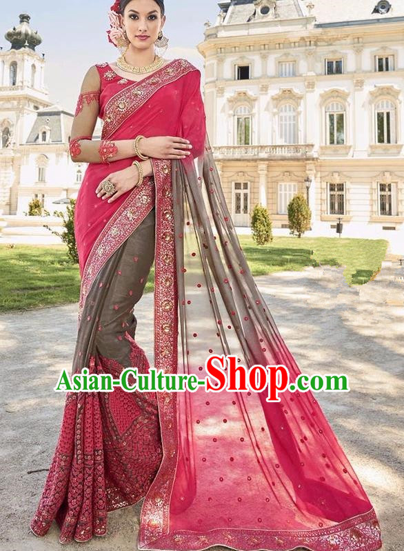 Asian India Traditional Embroidered Rosy Sari Dress Indian Bollywood Court Bride Costume Complete Set for Women