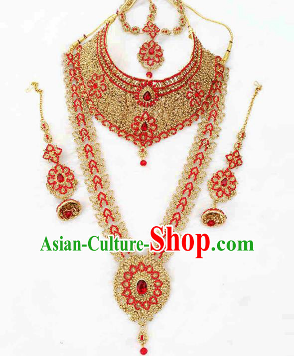 South Asian India Traditional Jewelry Accessories Indian Bollywood Red Crystal Necklace Earrings Hair Clasp for Women