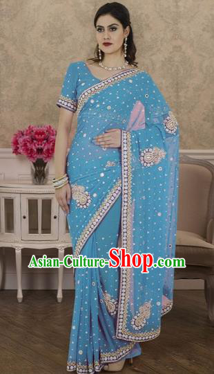 Indian Traditional Bollywood Blue Veil Sari Dress Asian India Royal Princess Embroidered Costume for Women
