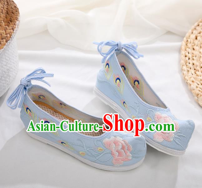 Chinese Traditional Hanfu Shoes Ancient Princess Embroidered Peony Blue Shoes National Cloth Shoes for Women