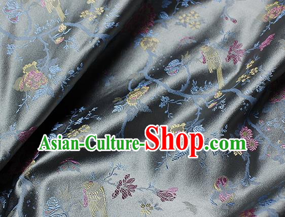 Chinese Classical Flowers Bird Pattern Design Grey Satin Fabric Brocade Asian Traditional Drapery Silk Material