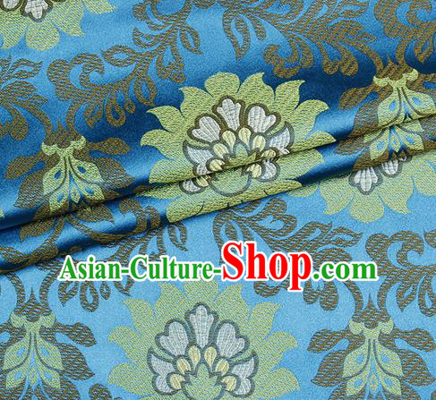 Chinese Classical Lotus Pattern Design Blue Satin Fabric Brocade Asian Traditional Drapery Silk Material