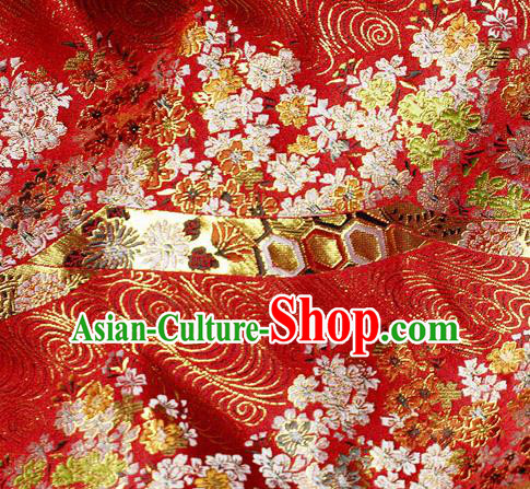 Asian Japanese Classical Sakura Pattern Design Red Brocade Kimono Satin Fabric Damask Traditional Drapery Silk Material