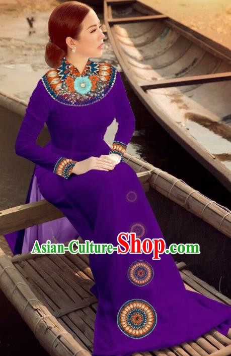 Asian Vietnam Traditional Bride Purple Dress Vietnamese National Classical Ao Dai Cheongsam for Women