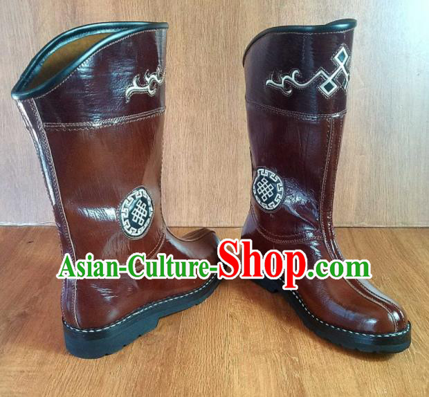 Traditional Chinese Mongol Nationality Brown Shoes Mongolian Minority Folk Dance Leather Boots for Men