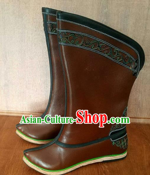 Traditional Chinese Mongol Ethnic Handmade Brown Leather Boots Mongolian Minority Folk Dance Shoes for Men