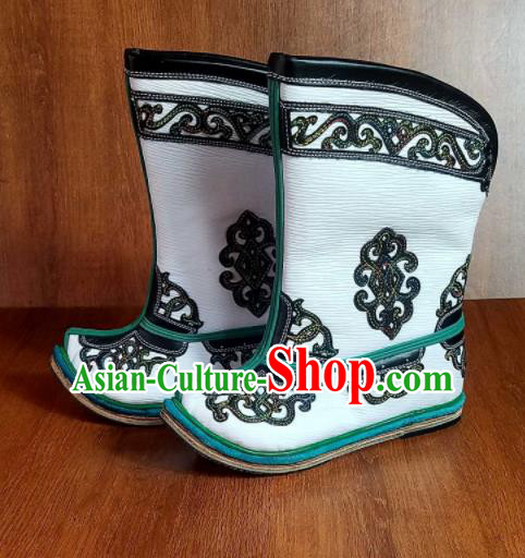 Traditional Chinese Mongol Ethnic Embroidered White Leather Boots Mongolian Minority Folk Dance Shoes for Kids