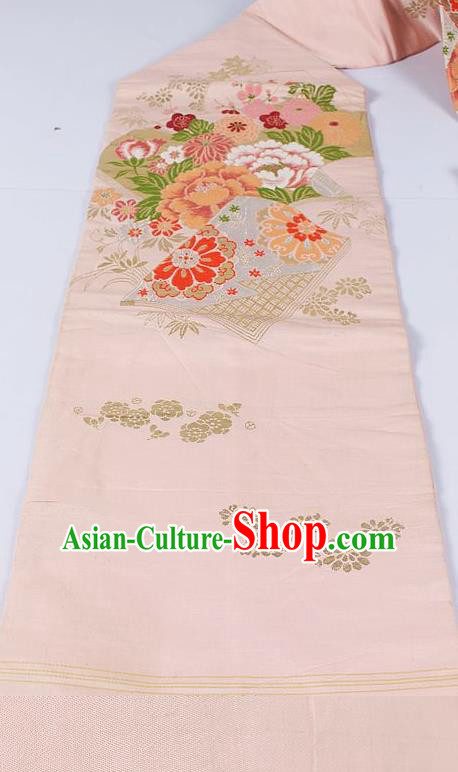 Asian Japanese Classical Peony Pattern Pink Brocade Waistband Kimono Accessories Traditional Yukata Belt for Women
