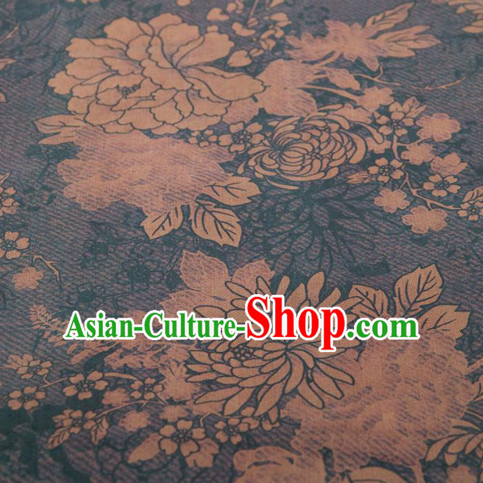 Asian Chinese Classical Chrysanthemum Peony Pattern Navy Brocade Satin Drapery Traditional Cheongsam Brocade Silk Fabric