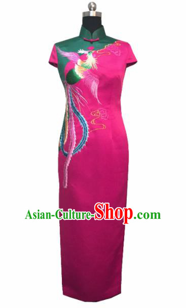 Chinese Traditional Customized Embroidered Phoenix Rosy Cheongsam National Costume Classical Qipao Dress for Women