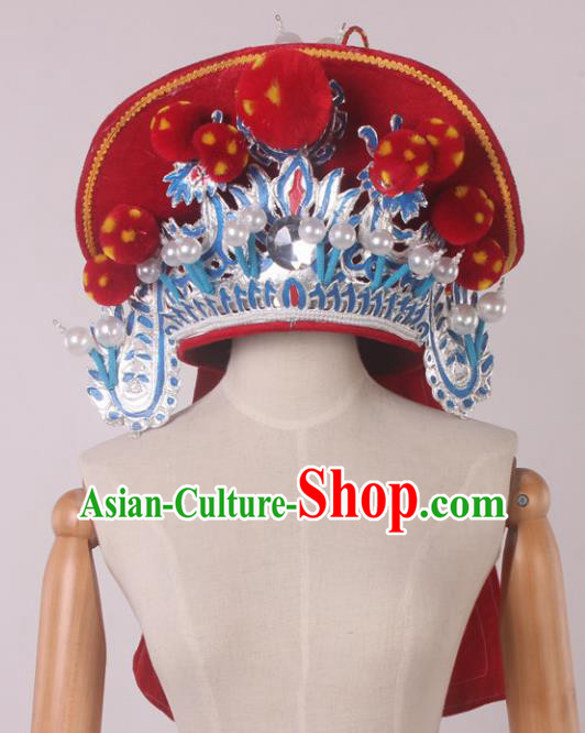 Traditional Chinese Shaoxing Opera Takefu Red Hat Ancient Soldier Helmet Headwear for Men