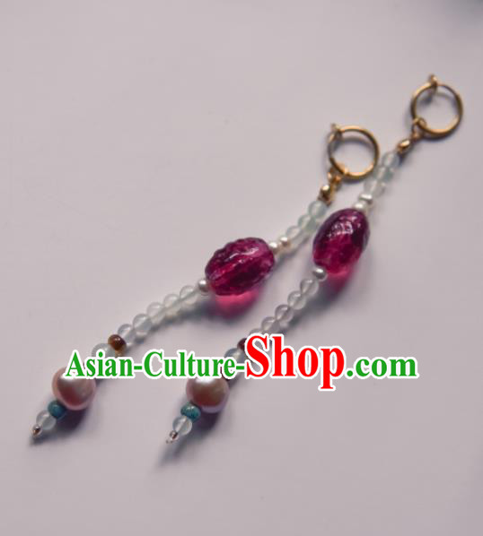 Chinese Ancient Princess Purple Crystal Bead Ear Accessories Traditional Hanfu Earrings for Women