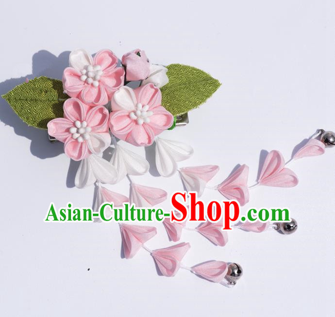 Japanese Geisha Kimono Pink Cherry Blossom Tassel Hair Claw Hairpins Traditional Yamato Hair Accessories for Women