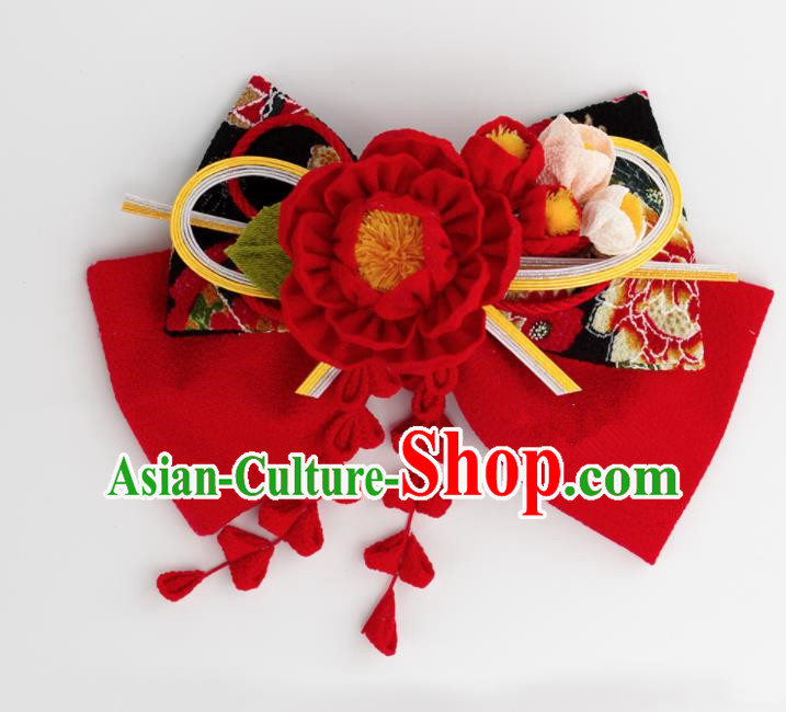 Japanese Geisha Kimono Red Camellia Bowknot Hair Claw Hairpins Traditional Yamato Hair Accessories for Women