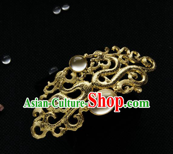 Chinese Ancient Tang Dynasty Queen Golden Dragon Hair Comb Opal Hairpins Traditional Hanfu Hair Accessories for Women