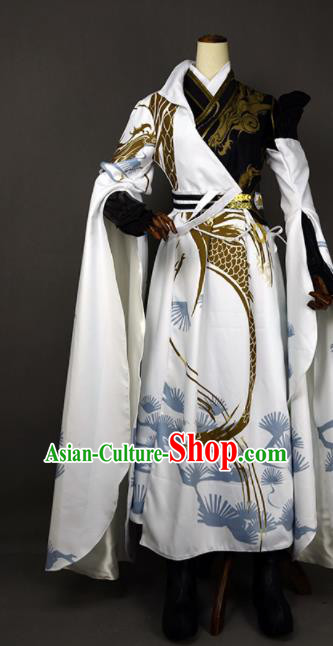 Chinese Ancient Cosplay Young Hero White Clothing Traditional Hanfu Swordsman Costume for Men