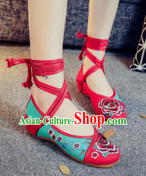 Asian Chinese Traditional Green Embroidered Peony Shoes Hanfu Wedding Shoes Ethnic National Cloth Shoes for Women