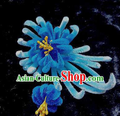 Chinese Handmade Qing Dynasty Blue Velvet Chrysanthemum Hairpins Traditional Ancient Court Hanfu Hair Accessories for Women