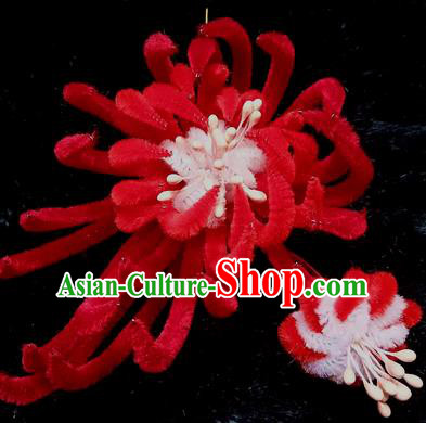 Chinese Handmade Qing Dynasty Red Velvet Chrysanthemum Hairpins Traditional Ancient Court Hanfu Hair Accessories for Women