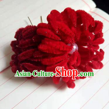 Chinese Ancient Court Red Velvet Chrysanthemum Hairpins Traditional Hanfu Handmade Hair Accessories for Women
