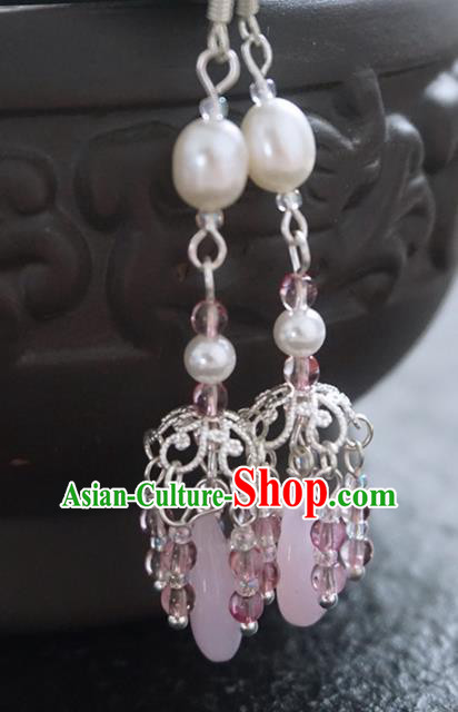 Chinese Ancient Court Pink Earrings Traditional Princess Hanfu Wedding Ear Accessories for Women