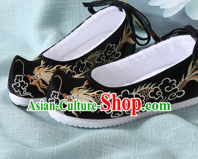 Chinese Handmade Embroidered Dragon Black Bow Shoes Traditional Ming Dynasty Hanfu Shoes Princess Shoes for Women
