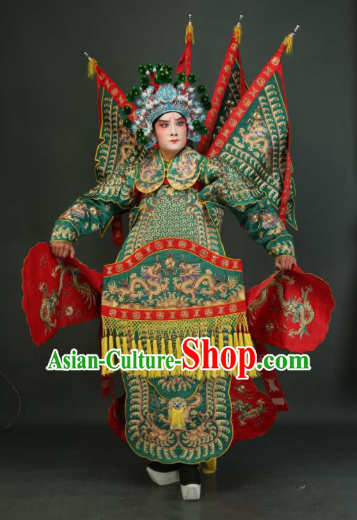 Chinese Traditional Beijing Opera Chu King Green Costumes Peking Opera Takefu Embroidered Da Kao Clothing for Men