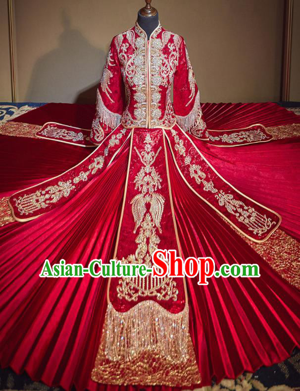 Chinese Traditional Wedding Embroidered Drilling Xiu He Suit Red Blouse and Dress Ancient Bride Costumes for Women