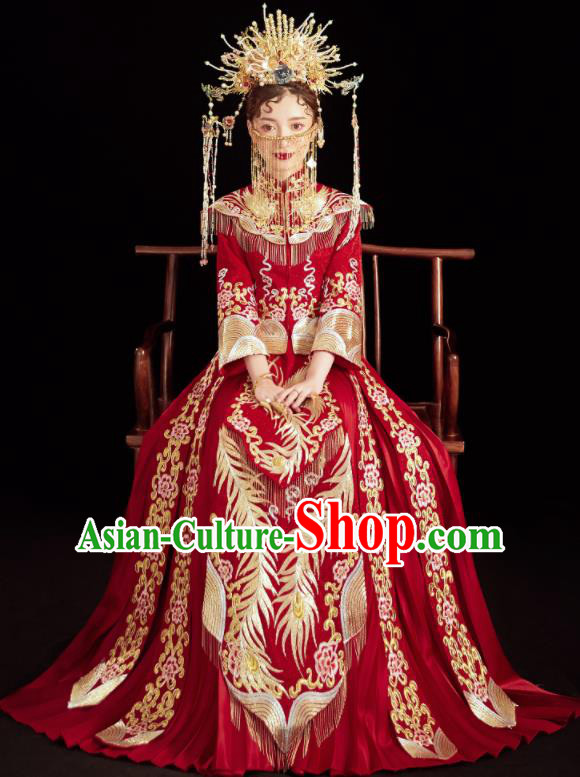 Chinese Traditional Wedding Embroidered Phoenix Red Blouse and Dress Xiu He Suit Bottom Drawer Ancient Bride Costumes for Women
