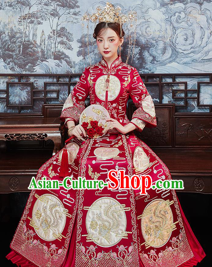 Chinese Traditional Bride Embroidered Drilling Phoenix Red Xiu He Suit Wedding Blouse and Dress Bottom Drawer Ancient Costumes for Women