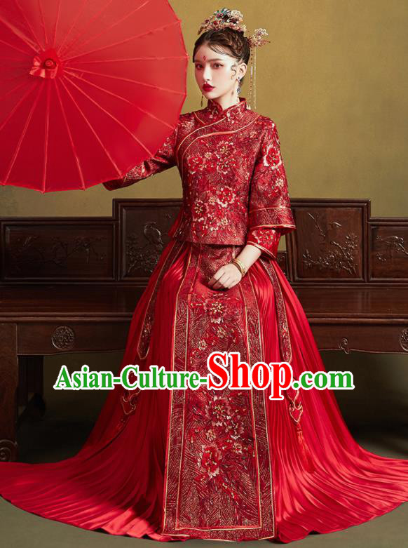 Chinese Traditional Wedding Embroidered Peony Red Blouse and Dress Xiu He Suit Bottom Drawer Ancient Bride Costumes for Women