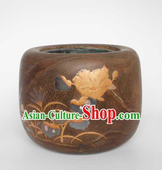 Chinese Handmade Wood Carving Earthen Bowl Traditional Paulownia Craft