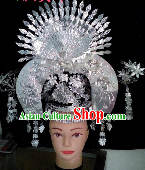 Chinese Traditional Handmade Miao Nationality Phoenix Coronet Silver Hairpins Ethnic Wedding Hair Accessories for Women