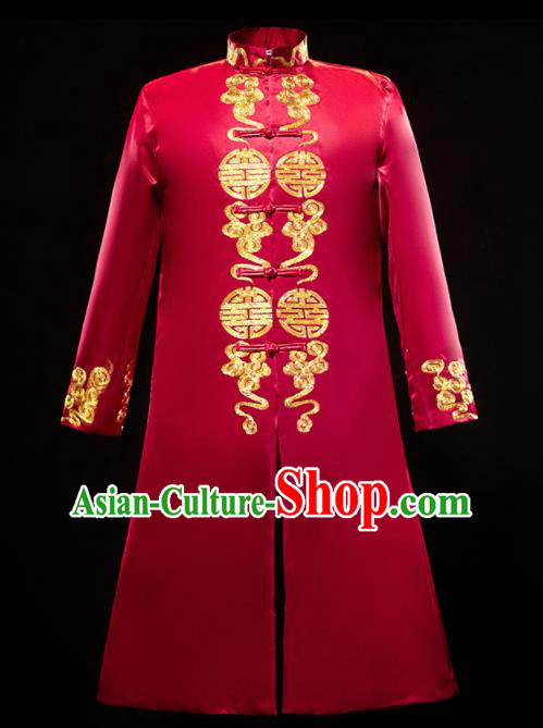 Chinese Traditional Bridegroom Wedding Xiuhe Costumes Tang Suit Embroidered Dragon Red Long Mandarin for Men
