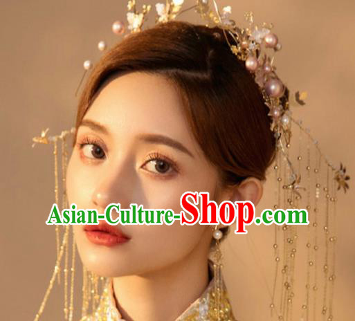 Chinese Traditional Bride Golden Tassel Step Shake Handmade Hairpins Wedding Hair Accessories Complete Set for Women