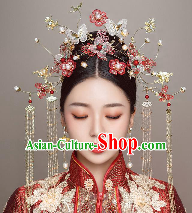 Top Chinese Traditional Wedding Butterfly Red Flowers Hair Clasp Bride Handmade Hairpins Hair Accessories Complete Set