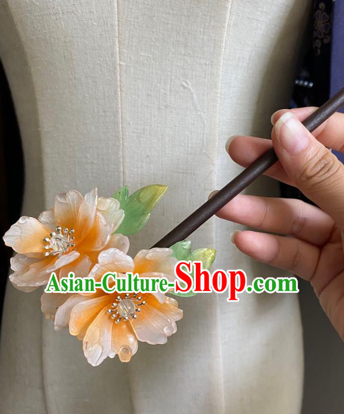 Chinese Ancient Palace Lady Wood Hairpin Hanfu Hair Accessories Handmade Orange Flowers Hair Clip