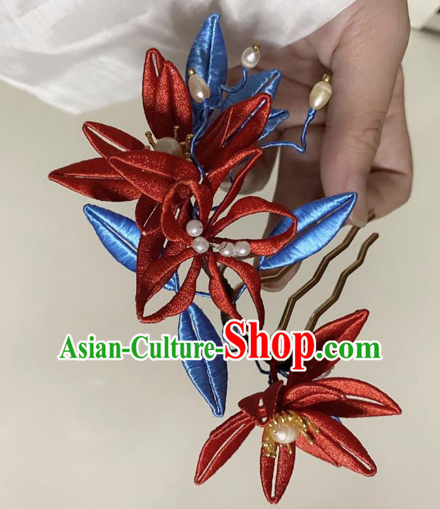 Chinese Ancient Princess Red Silk Flowers Hairpins Hair Accessories Handmade Hanfu Pearls Hair Comb