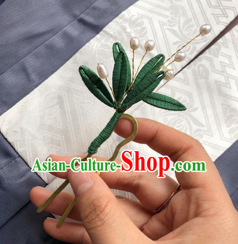 Chinese Ancient Court Lady Pearls Hairpins Hair Accessories Handmade Tang Dynasty Green Silk Leaf Hair Stick