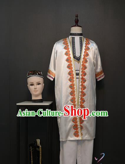 Custom Uyghur Nationality White Outfits China Xinjiang Ethnic Male Clothing Traditional Minority Dance Costumes and Hat