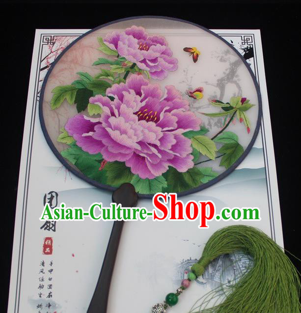 China Handmade Rosewood Fan Embroidery Peony Fan Traditional Exquisite Palace Fan Round Fan