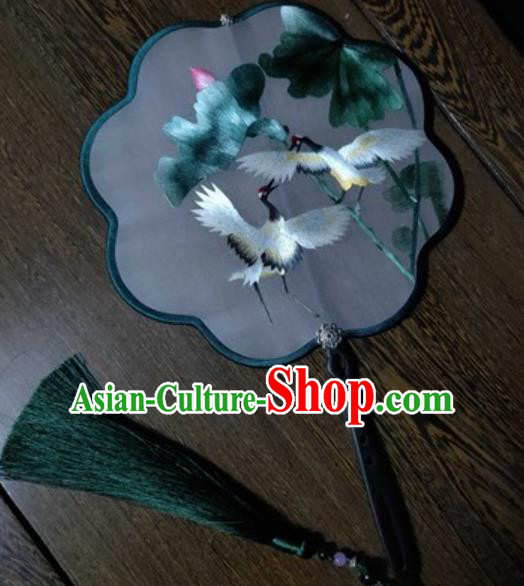 Handmade Silk Palace Fan Traditional Hanfu Classical Dance Embroidered Fan China Suzhou Embroidery Crane Lotus Fans