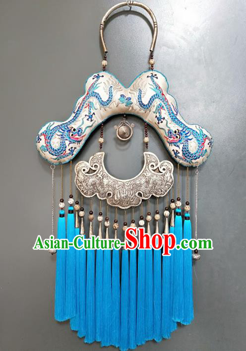 China National Blue Tassel Necklet Traditional Miao Ethnic Handmade Embroidered Silver Jewelry Pendant Accessories