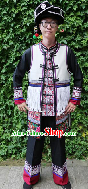 Chinese Bai Nationality Embroidered White Vest Quality Ethnic Costumes Tassel Short Waistcoat for Men