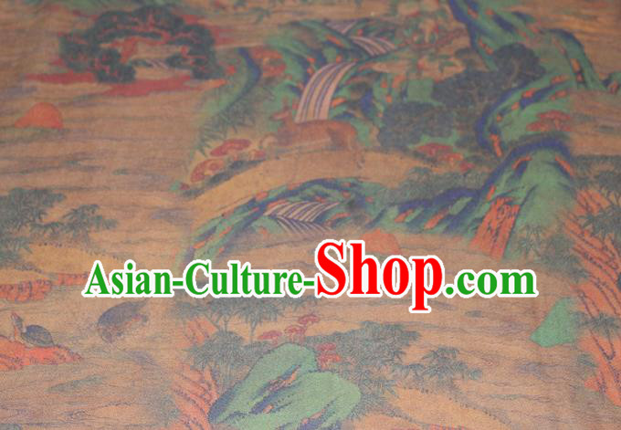 Chinese Cheongsam Ginger Satin Fabric Traditional Gambiered Guangdong Gauze Classical Landscape Pattern Silk Drapery