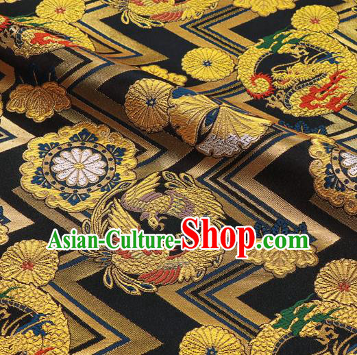 Asian Traditional Dragon Chrysanthemum Pattern Design Brocade Japanese Kimono Cloth Fabric Nishijin Black Tapestry Satin
