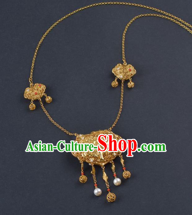 Handmade Chinese Traditional Ming Dynasty Court Golden Necklace Accessories Ancient Empress Jewelry Tassel Longevity Lock