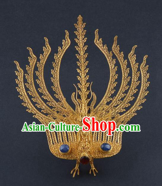 Traditional China Ancient Empress Sapphire Hairpin Handmade Palace Hair Ornament Ming Dynasty Filigree Phoenix Hair Crown