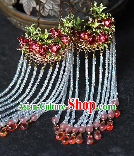Chinese Hanfu Beads Tassel Hairpins Traditional Wedding Hair Accessories Ancient Bride Red Pomegranate Hair Stick
